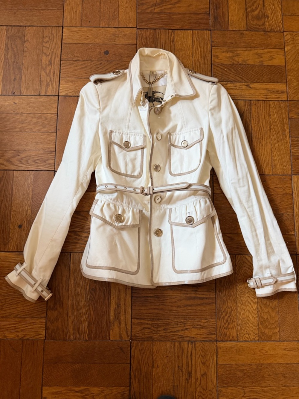 Authentic Burberry Cream Utility Jacket with Contrast Leather Belt Sz US size 4